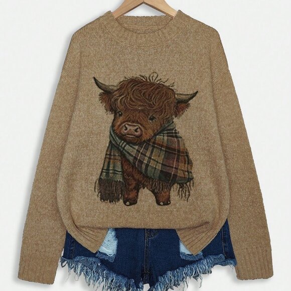 Brown Casual Women's Cow Print Crew Neck Pullover - Picture 3 of 7